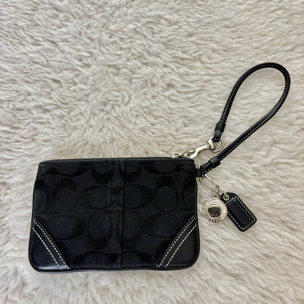 Coach CC Signature Canvas Black Leather Wristlet with Charm